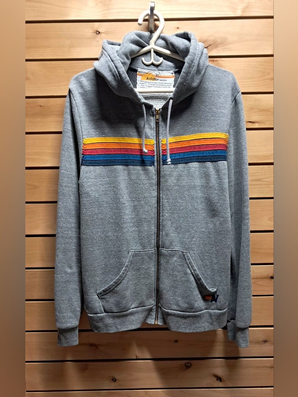 Aviator Nation 5 Stripe Zip Hoodie Heather Grey Rainbow XL